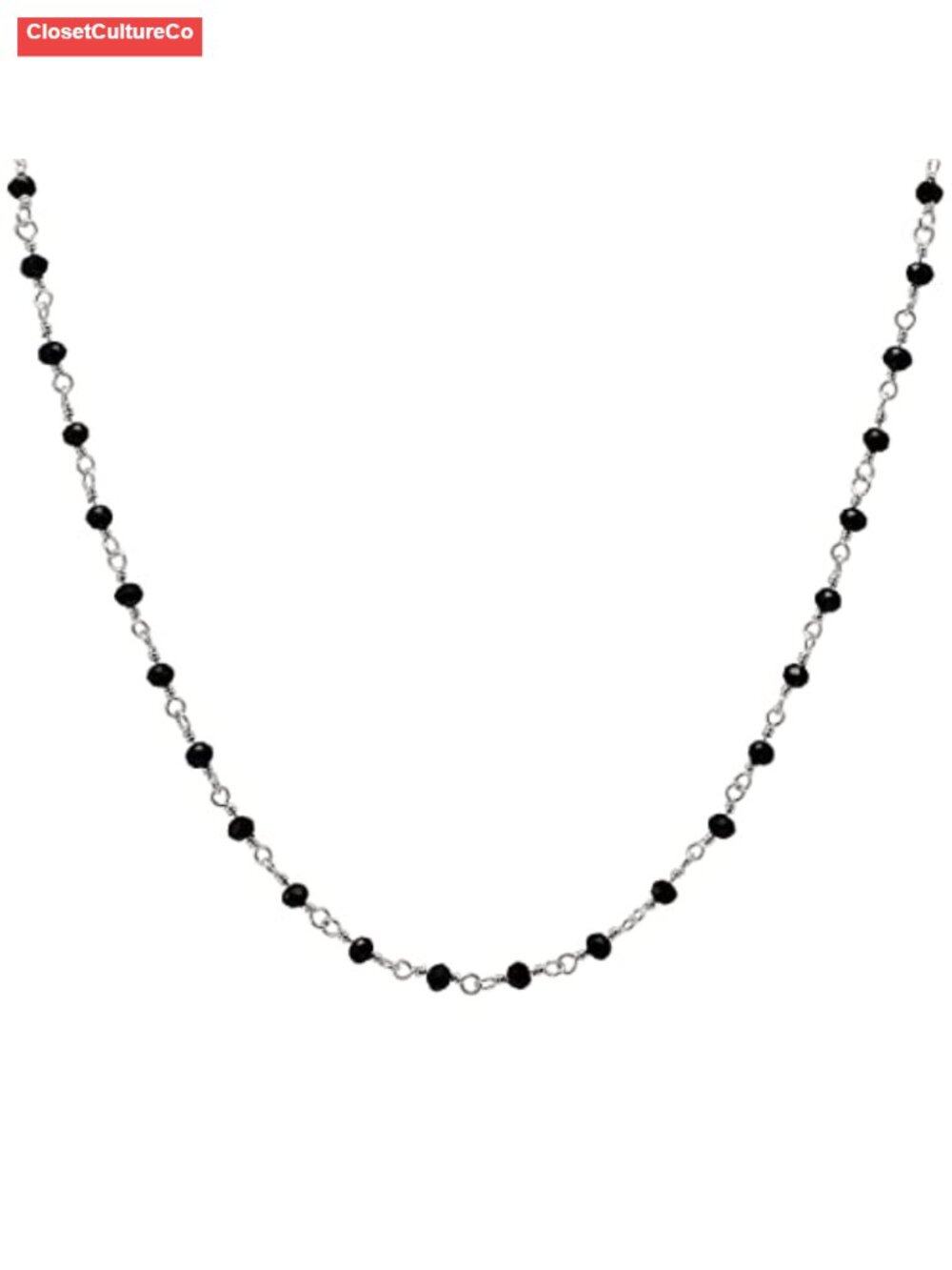 24 Inch White Gold Plated Wire Black Onyx Beaded Chain Necklace